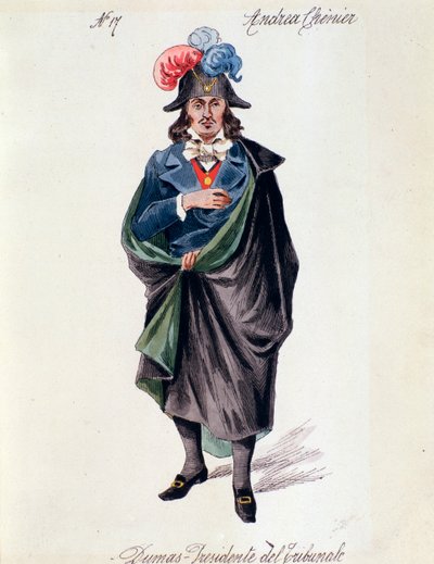 Darstellung von Dumas, Haushofmeister in der Oper Andrea Chenier von Umberto Giordano, nach einem italienischen Libretto von Luigi Illica von Italian School